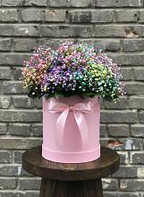 Цветочная композиция из Гипсофила и Розы в шляпной коробке в Бесскорбной