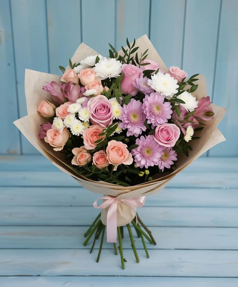 Букет цветов из: Хризантемы, Розы и Альстромерии в Бесскорбной