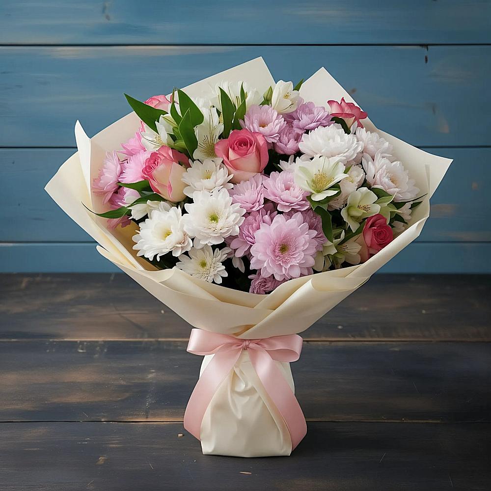 Букет цветов из: Хризантемы, Альстромерии и Розы в Бесскорбной